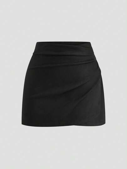 SHEIN CURVE+ 大码女式黑色绒面仿毛皮短百褶裙，优雅显瘦，秋冬款