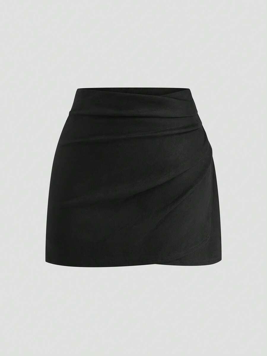 SHEIN CURVE+ Plus Size Women's Black Suede Faux Fur Short Pleated Skirt, Elegant & Slimming, Autumn/Winter - Black - View 1