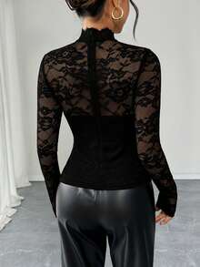 Rafferiza Women's Elegant Solid Color Lace Collar Long Sleeve T-Shirt - Black - View 2