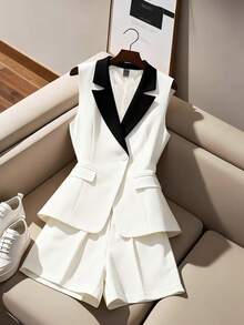 GlowEve Women's Black & White Contrast Lapel NeckSleeveless Blazer And Shorts Elegant Commuter Suit - White - View 4