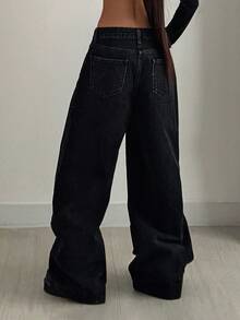 SHEIN Quần jean ống rộng màu đen có túi và cúc cài, kiểu dáng thường ngày, đa năng, phù hợp đi làm. - Rửa trung bình - Xem 2