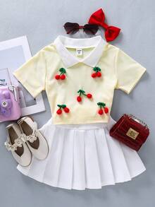 两件套女童套装，短袖露脐Polo衫和百褶裙，饰有3D樱桃图案，女童夏季套装，新品上市 - 黃色 - 查看 3
