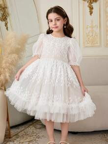 Đầm ngắn tay thanh lịch cổ tròn cho bé gái, phối lưới, kiểu dáng trang nhã. - Nhiều màu - Xem 4