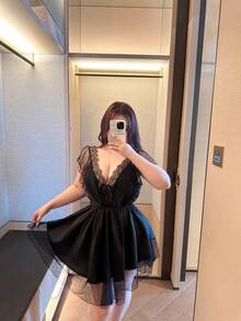 Vibekara Valentine Black Lace Sexy Silk Comfortable V-Neck Lace Trim Bow Decor Sexy Short Slim Plus Size Dress - Black - View 6