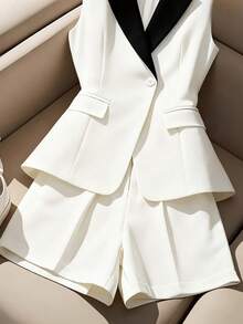 GlowEve Women's Black & White Contrast Lapel NeckSleeveless Blazer And Shorts Elegant Commuter Suit - White - View 3