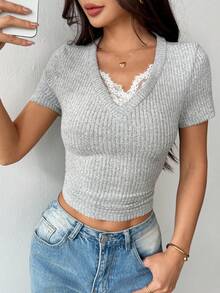 Almamuse Women's Elegant V-Neck Contrast Lace Short Sleeve T-Shirt,Stylish Grey Rib-Knit Short Sleeve V Neck T-Shirt For Women Casual Plain Knitted Top - Grey - View 4