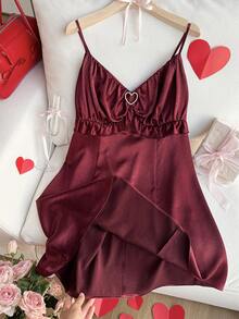 Comfortcana Plus Size Casual Ruffled A-Line Strap Dress, Red, Valentine's Day - Burgundy - View 5