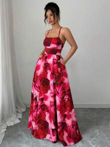 Elenzga Damen Kleid mit Tintendruck und Kreuzgurten - Rot - Übersicht 3