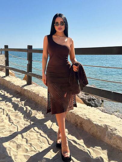 EURMUSE Sunset Layers – 2 Pieces Beach Cover-Up Set With Hollow Knit Sweater & Bodycon Dress, Resort-Ready Layered Look For Spring/Summer