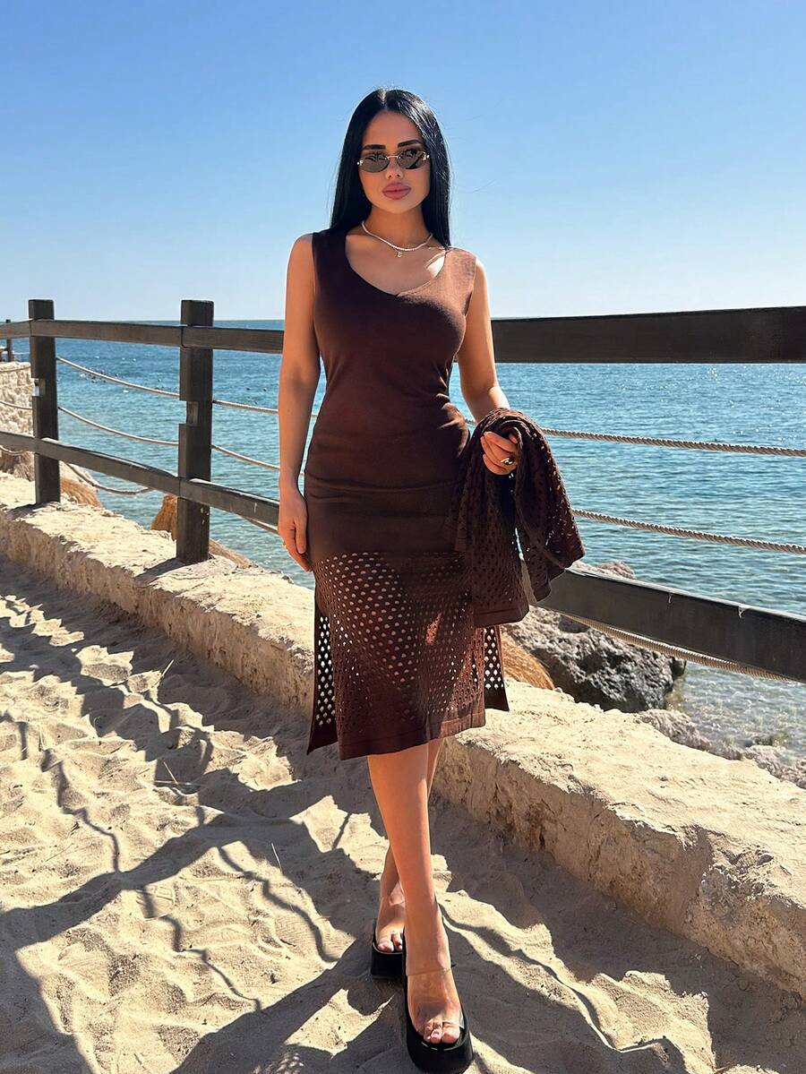 EURMUSE Tall Sunset Layers – 2 Pieces Beach Cover-Up Set, Includes Hollow Knit Cover Up And Fitted Dress, Creating Spring/Summer Vacation Layered Look - Brown - View 1