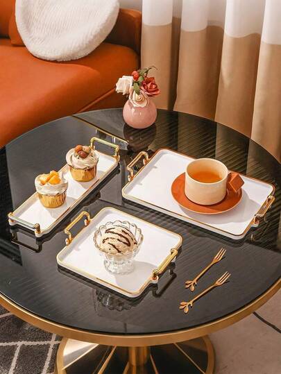 1pc Elegant Gold Trimmed PS Plastic Tray Set - Multipurpose Rectangular Tray For Kitchen, Multifunctional Storage Plate For Home Kitchen, Dining Room, Living Room, Suitable For Tea Sets, Glassware, Ramadan Party Supplies And Kitchen Essentials,Candy, Cookies, Bread, Applicable For Home, Gathering, Restaurant, Picnic, Wedding Celebration, Party Service Tray