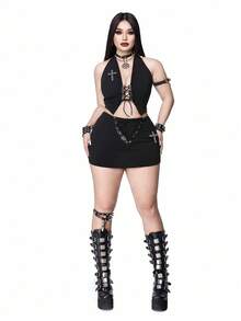 Whyspr Plus Size Sexy Spaghetti Strap Tie Strap Rhinestone Cross Decor Bodycon Mini Skirt 2 Pieces Set, Spring/Summer - Black - View 5