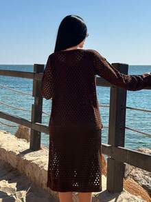 EURMUSE Tall Sunset Layers – 2 Pieces Beach Cover-Up Set, Includes Hollow Knit Cover Up And Fitted Dress, Creating Spring/Summer Vacation Layered Look - Brown - View 2