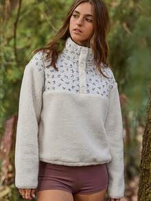 Aralina Áo nỉ lông xù mềm mại, in hoa, kiểu dáng thường ngày, cổ cài nửa thân, có dây rút bên trong, thích hợp cho tập gym, tập luyện hoặc đi sân bay. - Màu be - Xem 6