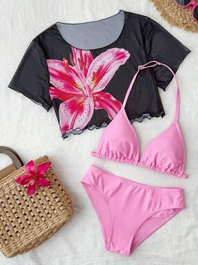 SHEIN Conjunto de bikini y top con mangas cortas de cobertura de unicolor con lazo halter de moda para adolescentes en la playa de verano