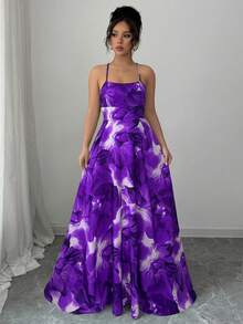 Elenzga Đầm dài nữ in họa tiết mực, thắt dây chéo - Màu tím - Xem 5