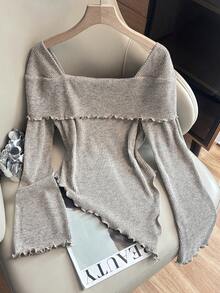 GlowEve Women's Square Neck Handmade 3D Floral Ruffle Hem Long Sleeve Asymmetrical Hem Elegant Casual Commute Blouse, Autumn/Winter/Spring