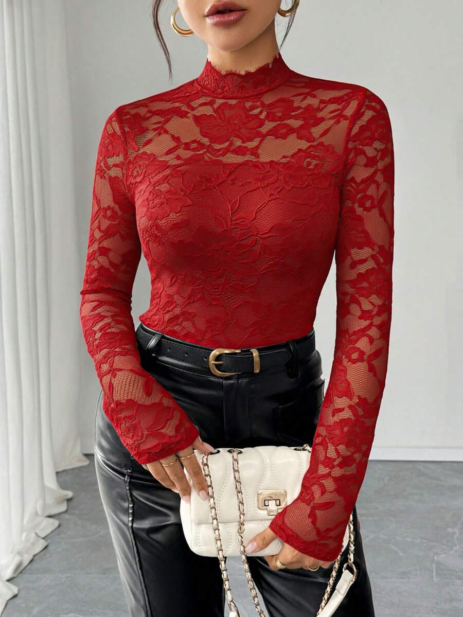 Rafferiza Women's Elegant Solid Color Lace Collar Long Sleeve T-Shirt - Red - View 1