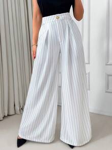 EURMUSE 女士休闲通勤条纹斜插口袋褶裥阔腿裤 - 白色 - 查看 3