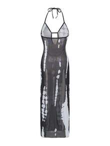 Bonvoyette Vestido de malla con escote en V profundo y abertura frontal con estampado en blanco y negro para el verano - Blanco y Negro - Ver 6