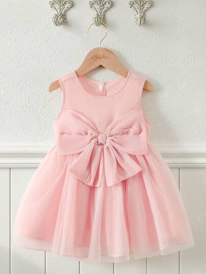 Souflis Souflis French New Style Baby Girl Pale Pink Elegant Fashion Sleeveless Big Bow Decor Jumper Dress, Suitable For Party, Outing And Various Occasions