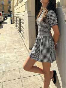 Pariaura Summer Casual Plaid Puff Sleeve Waist Tie Dress - Black and White - View 4