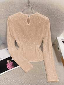 GlowEve 女士长袖亮片弹力修身优雅T恤上衣 - 卡其色 - 查看 2