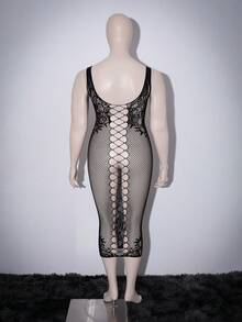 Plus Size Fishnet Backless Criss-Cross Long Sexy Lingerie - Black - View 7