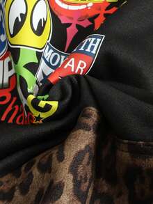 ROMWE MEN Street Life 男士豹纹撞色连帽衫，复古街头风 - 黑色 - 查看 4