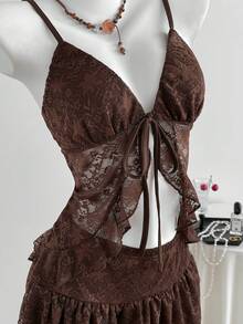 Sweetra Spring/Autumn Women's Lace Sexy Romantic Elegant Vacation Camisole Top And Cake Skirt 2-Piece Set - Coffee Brown - View 6