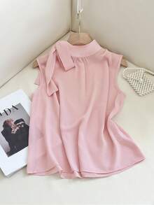 GlowEve New Spring/Summer Fashion Side Tie Strap Button Sleeveless Vest Top, French Elegant Versatile Women Blouse - Pink - View 4