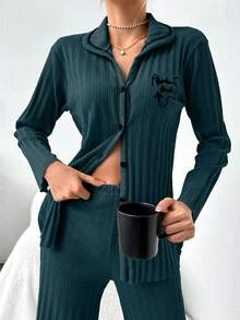 EURMUSE Women Ribbed Lapel Single-Breasted Letter Embroidery Pattern Long Sleeve Top And Wide-Leg Pants Casual Loungewear Set - Navy Blue - View 5