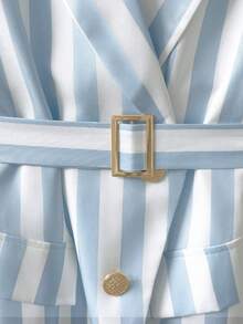 GlowEve Vertical Striped Sleeveless Blazer With Lapel, Crossover V-Neck, Metal Buckle Belt, Dual Faux Pockets, Waist Cinched, Flared Hem Women's Jacket - Multicolor - View 4