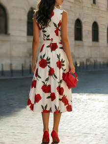 玫瑰印花立领无袖A字优雅连衣裙（女款） - 紅色 - 查看 2