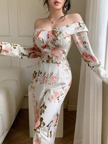 Celisse Floral Print Off Shoulder Fitted Elegant Long Sleeve Jumpsuit - Multicolor - View 3