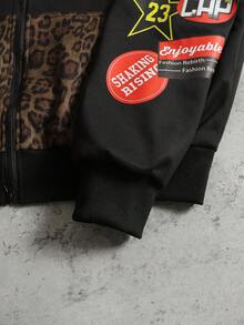 ROMWE MEN Street Life 男士豹纹撞色连帽衫，复古街头风 - 黑色 - 查看 5