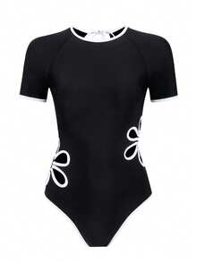 Swim SPRTY Áo tắm liền thân gợi cảm họa tiết hoa khoét rỗng mùa xuân/hè dành cho nữ, tay ngắn, giúp thon gọn vòng bụng, hở lưng, thích hợp đi biển, nghỉ mát, dự tiệc, lướt sóng, áo chống nắng, áo tắm nữ, áo tắm tay ngắn màu đen, áo tắm liền thân tay ngắn. - Đen và trắng - Xem 5