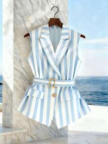 GlowEve Vertical Striped Sleeveless Blazer With Lapel, Crossover V-Neck, Metal Buckle Belt, Dual Faux Pockets, Waist Cinched, Flared Hem Women's Jacket - Multicolor - View 1