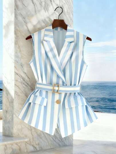 GlowEve Vertikalt randig ärmlös kavaj med slag, korsad v-ringning, metallspännesbälte, dubbla fuskfickor, midjeåtsnörning, utsvängd fåll damjacka