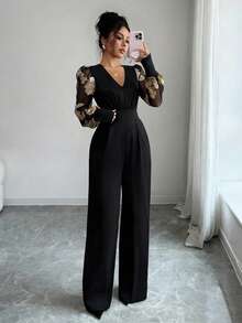 Elenzga Women's Gold Pattern Patchwork V-Neck Jumpsuit - Multicolor - View 4