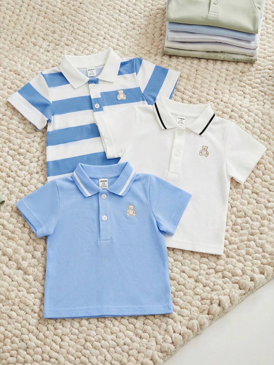 Souflis Souflis 3 قطعة/طقم قمصان بولو أكمام قصيرة بطراز فرنسي رجعي بلون أزرق فاتح، أبيض، أزرق سادة، أزرق مخطط، متعددة الاستخدامات للمدرسة واللعب والمناسبات المختلفة، ملابس علوية للأولاد الصغار - متعدد الألوان - مشاهدة 1
