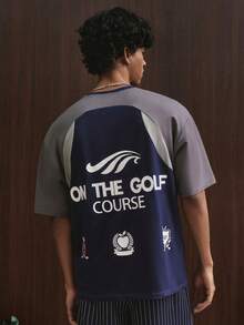 TOKVUE 1pc Men's Navy Blue Patchwork Graphic Print Oversized Golf T-Shirt,Summer Streetwear Casual Sports Daily Commute,Ideal Gift For Boyfriend/Husband - Navy Blue - View 1