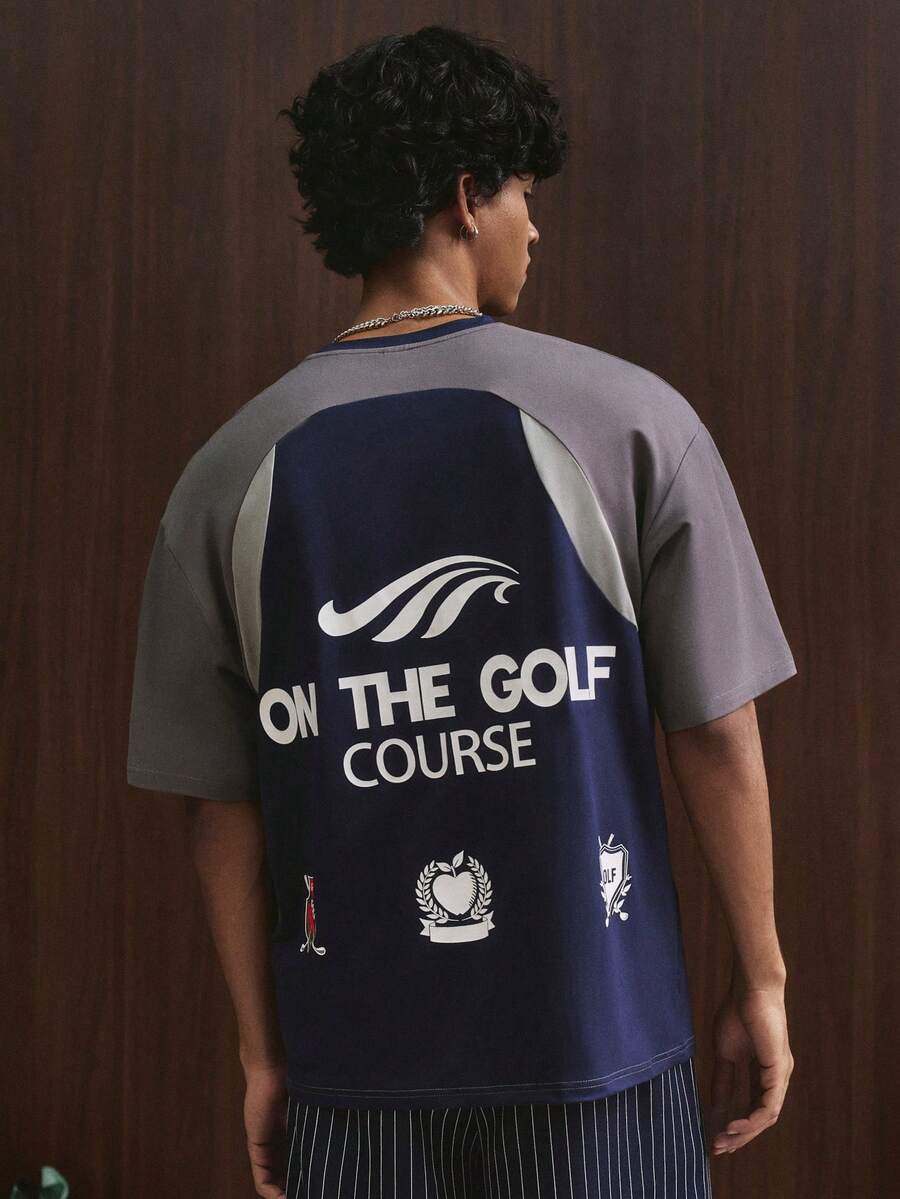 TOKVUE 1pc Men's Navy Blue Patchwork Graphic Print Oversized Golf T-Shirt,Summer Streetwear Casual Sports Daily Commute,Ideal Gift For Boyfriend/Husband - Navy Blue - View 1