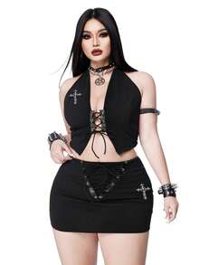 Whyspr Plus Size Sexy Spaghetti Strap Tie Strap Rhinestone Cross Decor Bodycon Mini Skirt 2 Pieces Set, Spring/Summer - Black - View 6