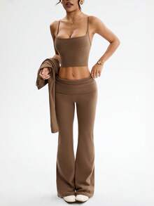 Dewbera 女士三件套瑜伽健身套装：休闲性感户外跑步U领上衣、舒适高腰紧身裤、带拇指孔长袖外套 - 咖啡棕 - 查看 4