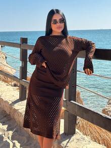 EURMUSE Tall Sunset Layers – 2 Pieces Beach Cover-Up Set, Includes Hollow Knit Cover Up And Fitted Dress, Creating Spring/Summer Vacation Layered Look - Brown - View 3