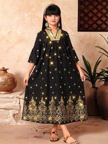 SHEIN Robe élégante de style arabe du Moyen-Orient avec motif métallique pour les jeunes filles - Noir - Voir 3