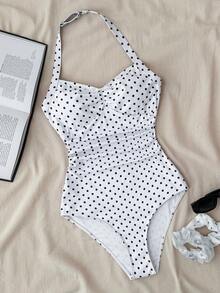 SHEIN 少女波点露背褶皱蝴蝶结装饰时尚度假沙滩连体泳衣 - 白色 - 查看 10