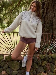 Aralina Áo nỉ lông xù mềm mại, in hoa, kiểu dáng thường ngày, cổ cài nửa thân, có dây rút bên trong, thích hợp cho tập gym, tập luyện hoặc đi sân bay. - Màu be - Xem 8