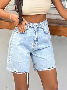 SHEIN Tall Women's Casual Everyday Denim Shorts With Pockets And Button Closure Jean Shorts Distressed Denim Shorts Light Wash Denim Shorts Baggy Jean Shorts High Waist Denim Shorts Baggy Denim Shorts Long Denim Shorts Light Blue Jean Shorts Y2k Jean Shorts Light Wash Shorts - Medium Wash - View 7